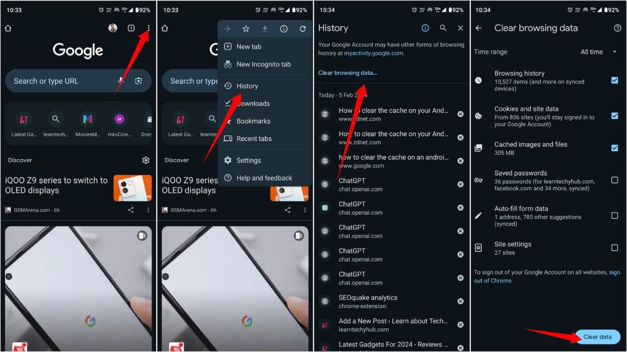 clearing catche in chrome Android phone