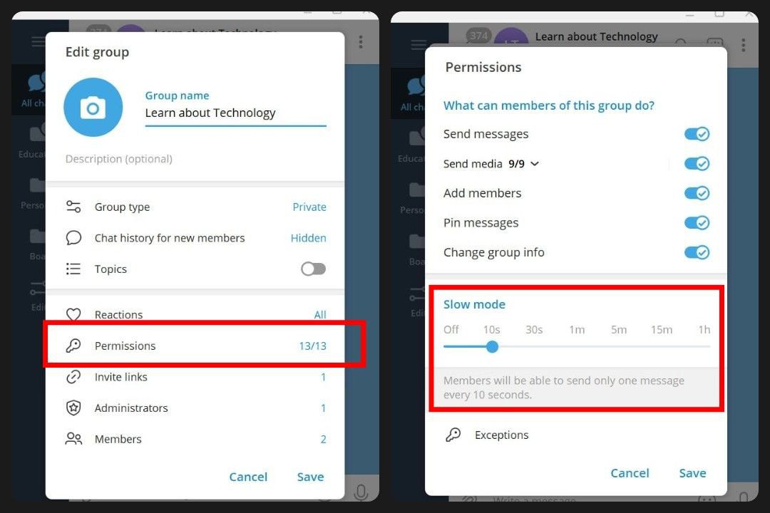 how to disable slow mode in telegram group in Windows